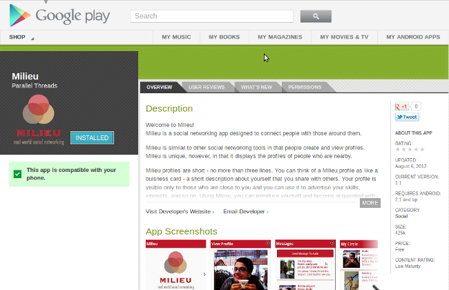 A screenshot of Milieu on Google Play.